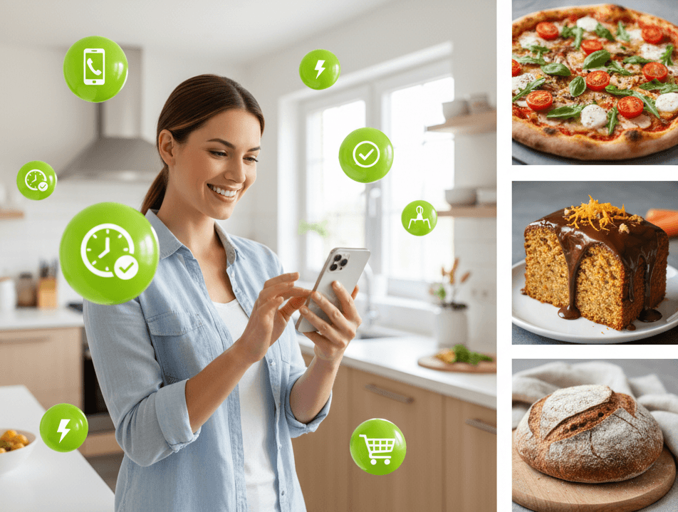 Pessoa usando celular na cozinha com grid de pratos